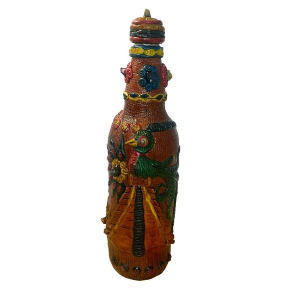 Handmade Guatemalan Decorated Bottle 3D Polymer Stone Bird Sun Indigenous Person